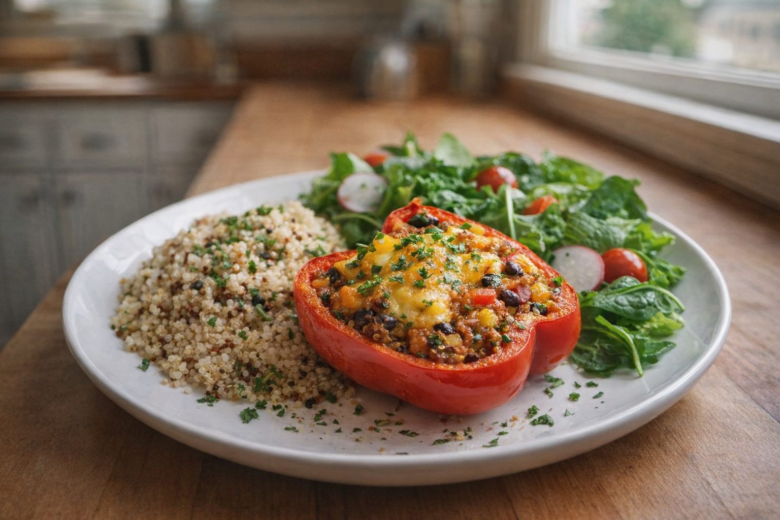 A beautifully plated dish featuring a halved stuffed bell pepper with a colorful filling, accompanied by a side of quinoa and a fresh green salad, under soft, natural lighting